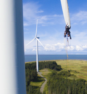A worker performs turbine blade repairs at Fire Island Wind. Photo by Jason Moore.