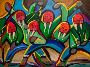 "Walrus Dance" painting donated in 2013 by Yup'ik and Inupiaq artist Percy C. Avugiak. Courtesy of KNBA.