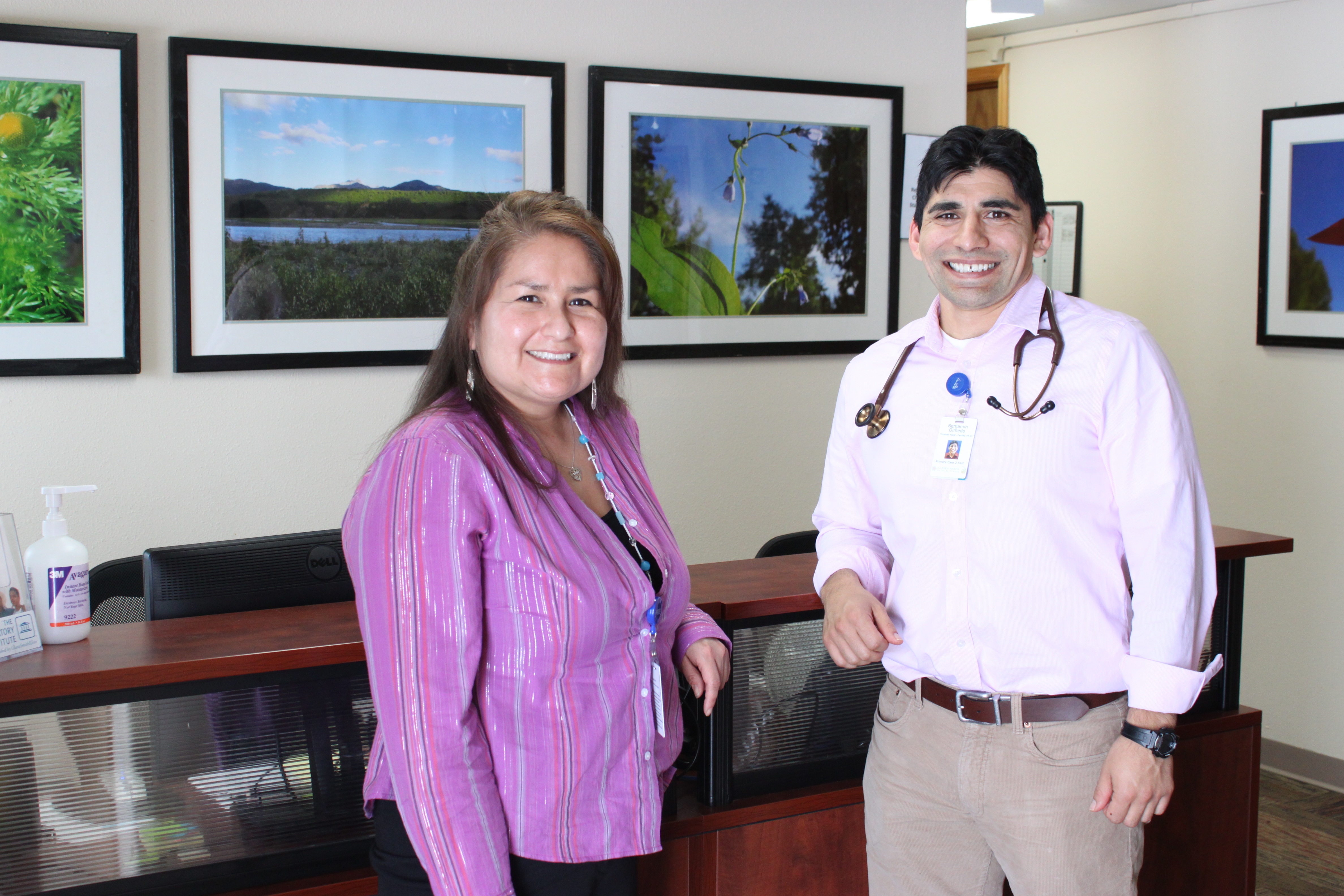 Southcentral Foundation Physician Assistant Benjamin Olmedo and Program Coordinator, and CIRI shareholder, Kari Shaginoff provide support at the C’eyiits’ Hwnax Community Health Center in Sutton. Courtesy of SCF.