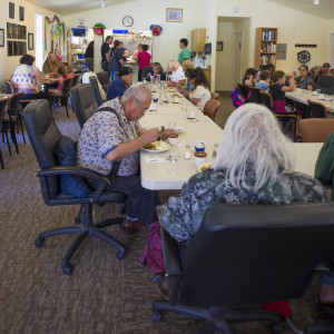 Community members gather for the weekly Elders’ Lunch at the Ne’iine Hwnax Government Builting in Sutton Photos by Brianna Cannon.